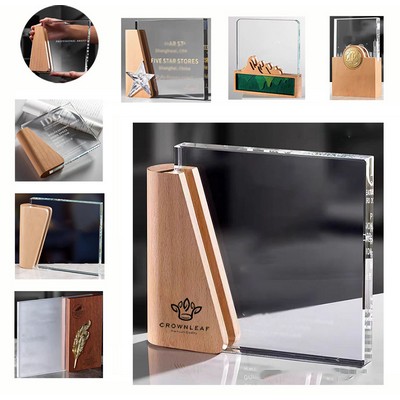 Crystal Rectangle Plaque Award Trophies with Wooden Base